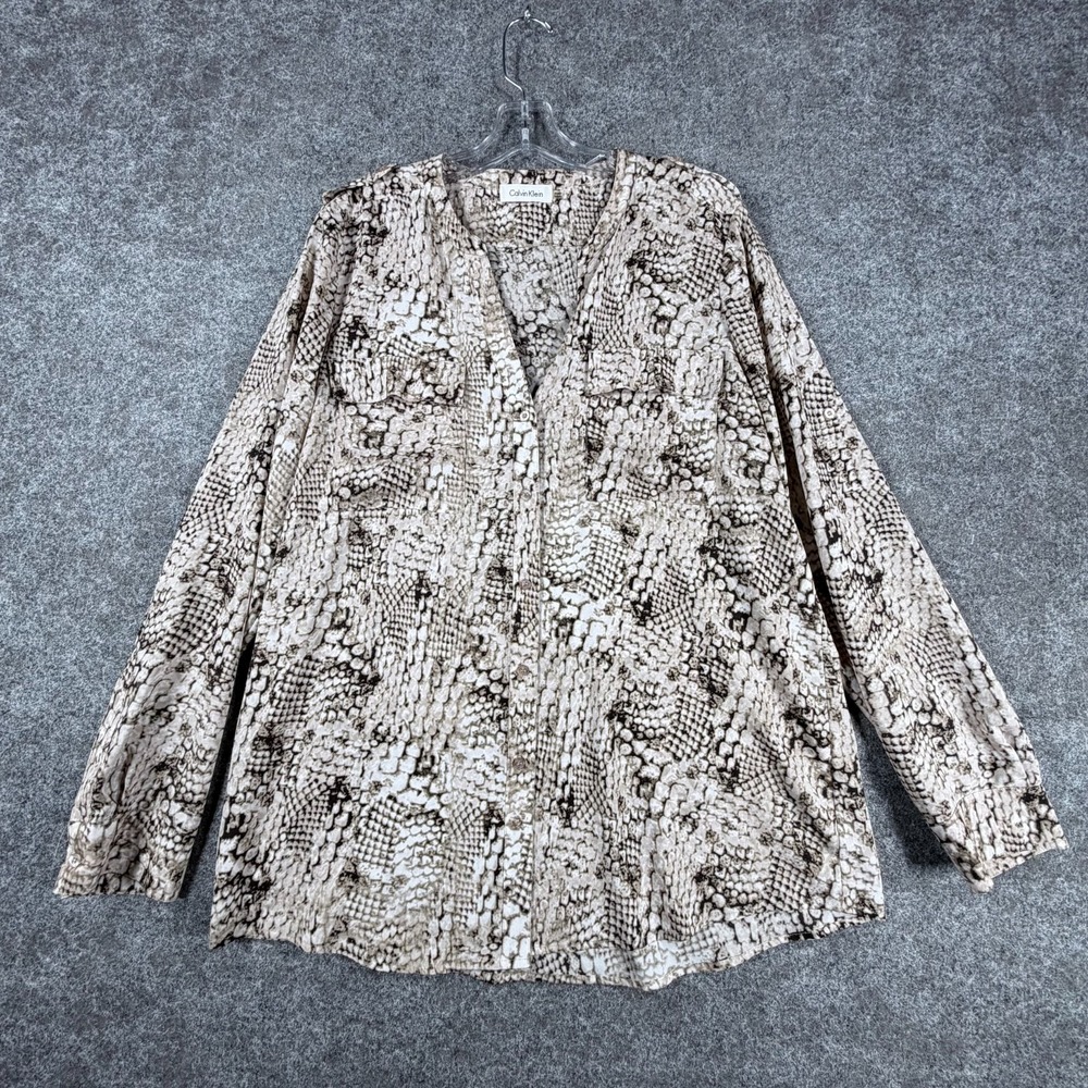 Calvin Klein Button-Front Blouse Womens Neutral Snake Skin Modern Outdoor V-Neck